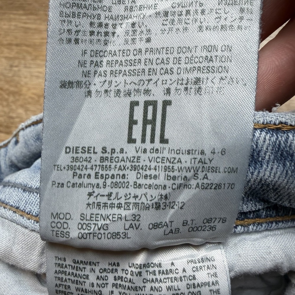 Diesel Sleenker Jeans Men 28x32 Blue Slim Skinny Stretch Light Wash Thrash 086AT - Picture 13 of 16